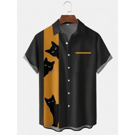 Plus Size Men's Color Matching Black Cats Print Shirt With Chest Pocket, Casual Breathable Lapel Button Up Short Sleeve Shirt For Summer Outdoor Activities