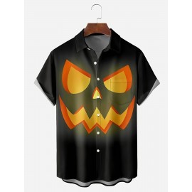 Plus Size Men's Halloween Pumpkin Print Shirt Oversized Short Sleeve Shirt For Autumn/winter, Men's Clothing