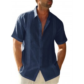 Mens Cuban Style Short Sleeve Guayabera Shirt - Relaxed Fit, Button Front, Lapel Collar, Slight Stretch Linen Cotton Blend - Perfect for Summer Beach Casual Wear