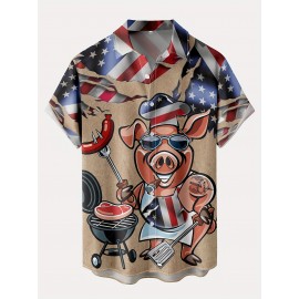 American Flag BBQ Pig Printing Hawaiian Resort Casual Shirt, Plus Size Men's Stylish Lapel Collar Summer Clothing For Vacation/leisurewear