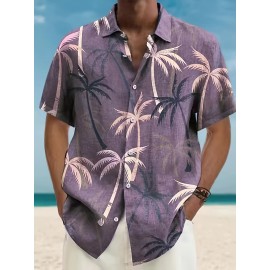 Plus Size Mens Elegant V-Neck Short Sleeve Hawaiian Shirt - Tropical Palm Tree Print, Non-Stretch Woven Fabric, Button Closure, Skinny Fit, Ideal for Spring and Fall Seasons