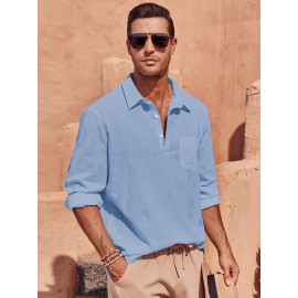 Mens Linen Henley Shirts Cuban Collar Long Sleeve Beach Casual Hippie Shirts with Pocket