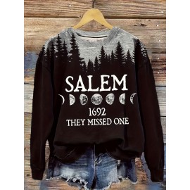 Autumn-Winter Cozy Plus Size Sweatshirt | Long Sleeve Trendy Moon & Slogan Print | Easy-Care Crew Neck Pullover