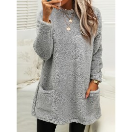 Plus Size Casual Sweatshirt, Women's Plus Solid Fluffy Long Sleeve Round Neck Fuzzy Pullover Top With Pockets