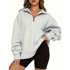 Flattering Plus Size Womens Casual Chic Sweatshirt - Bold Solid Color, Long Sleeve, Turn-Down Collar with Zipper Detail - Ultra-Soft & Stylish