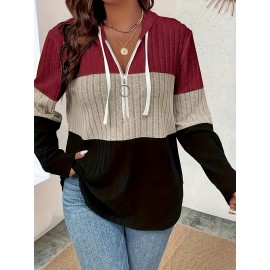 Plus Size Color Block Hooded Pullover Sweatshirt - Soft Slight Stretch Polyester, Zip Front, Casual Ribbed Long Sleeve, No Printing, Perfect for All Seasons