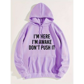 Plus Size Womens Fashion Hoodie with Slogan Print - Comfy Long Sleeve Drawstring Hood & Pockets for Casual Chic Style