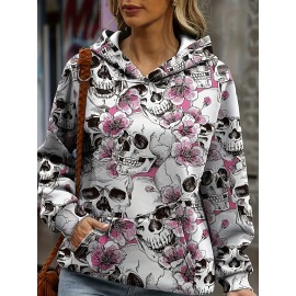 Plus Size Cozy Hoodie - Designed for Curvy Women, Casual Long Sleeve Sweatshirt with Spacious Pockets, Unique Skull & Floral Print Design for Everyday Wear