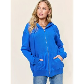 Full Size Cozy Hooded Zip Up Hoodie - Soft Cotton, Slight Stretch, Drawstring, Solid Color, Perfect for Spring and Fall - Casual, Knit Fabric