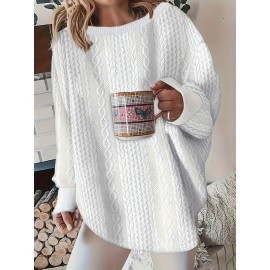 Cozy Plus Size Cable Knit Sweatshirt - Women's Round Neck Long Sleeve Pullover Top for Casual Wear