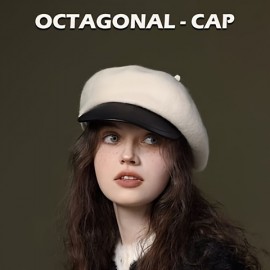 Elegant Stitching Wool Beret Hats Classic British Style PU Painter Cap Vintage Warm Octagonal Berets Newsboy Cap For Women Autumn & Winter