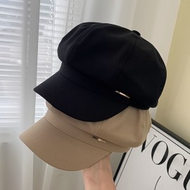 Iron Label Octagonal Newsboy Hat Classic Solid Color Lightweight Painter Cap Casual Adjustable Berets For Women