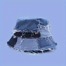 Stylish Distressed Denim Bucket Hat - Ultimate Sun Protection, Frayed Edge, Unisex Fisherman Cap for Outdoor Travel, Hiking, Beach, and Camping - Adjustable One-Size-Fits-Most Design