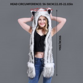 Women's Furry Spirit Animal Hoodie – Warm Faux Fur Hat, Scarf, and Mittens with Toggle, Ideal for Halloween & Valentine's Gift