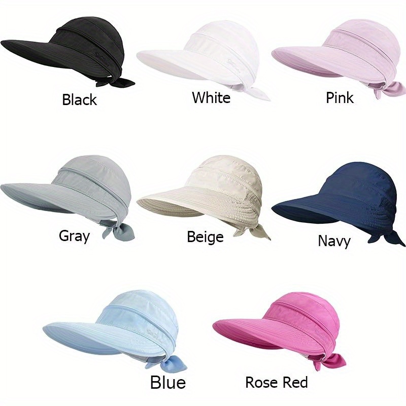 1pcs solid color ponytail sun visor hat wide brim uv protection stylish bow decor for summer beach travel details 0