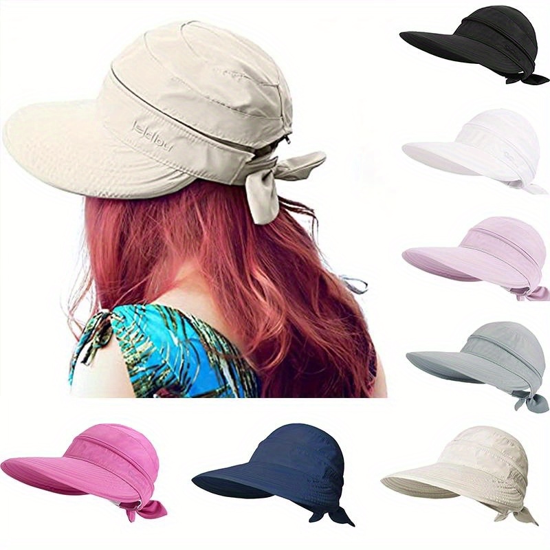 1pcs solid color ponytail sun visor hat wide brim uv protection stylish bow decor for summer beach travel details 1