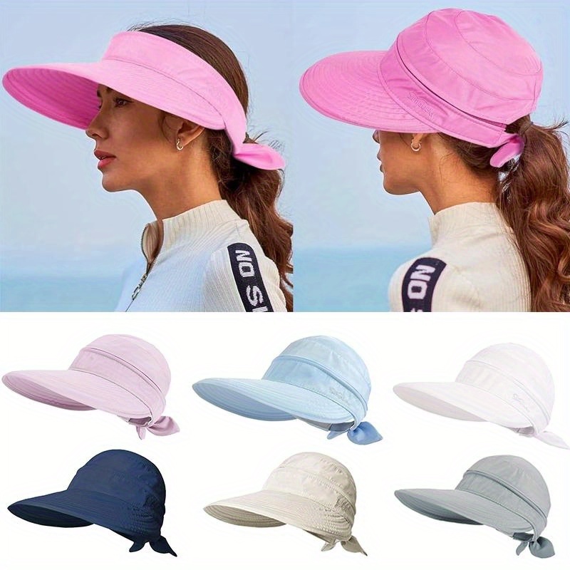 1pcs solid color ponytail sun visor hat wide brim uv protection stylish bow decor for summer beach travel details 3