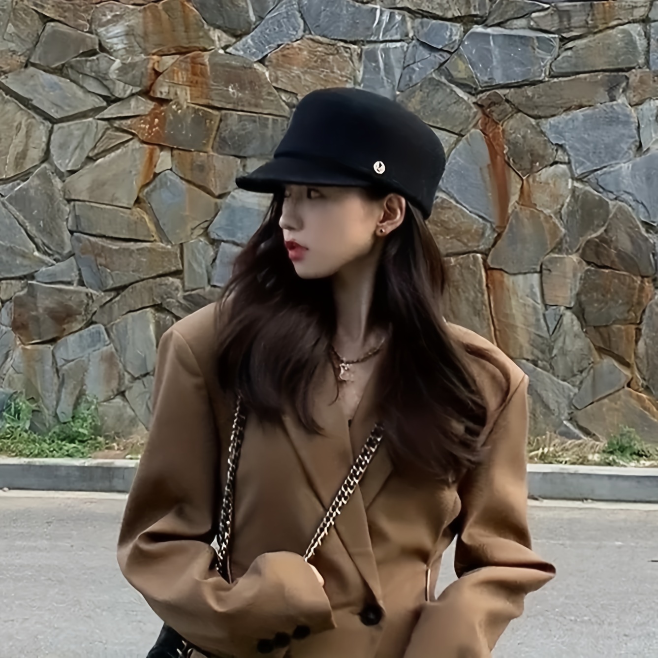 elegant black pure wool beret cap for women   decor peaked hats stylish retro style warm headwear for travel vacation streetwear suitable for daily wear in autumn winter details 1