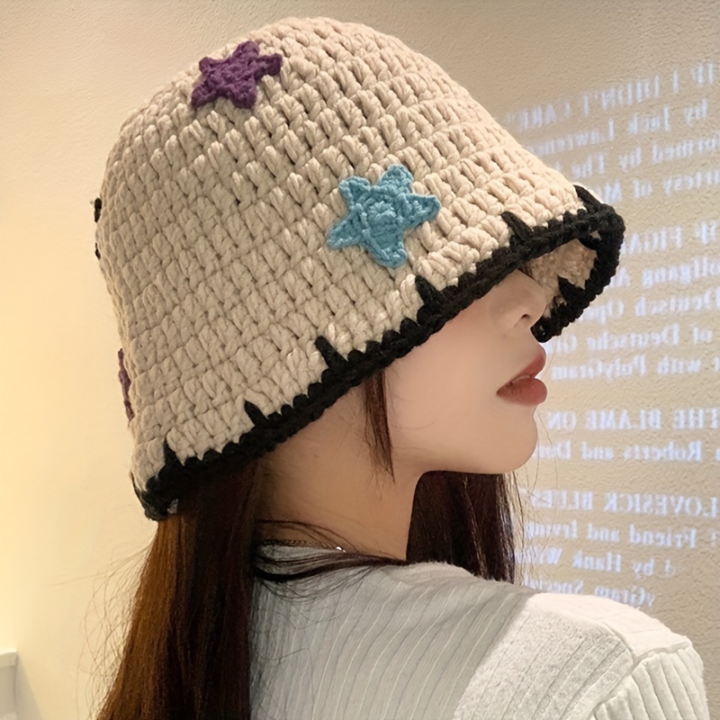 Women s Knitted Acrylic Fisherman Hat - Breathable Bucket Hat, Colorful Star Patch Warm Fall/Winter Basin Hat details 1