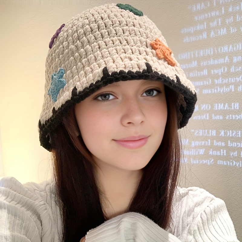 Women s Knitted Acrylic Fisherman Hat - Breathable Bucket Hat, Colorful Star Patch Warm Fall/Winter Basin Hat details 2