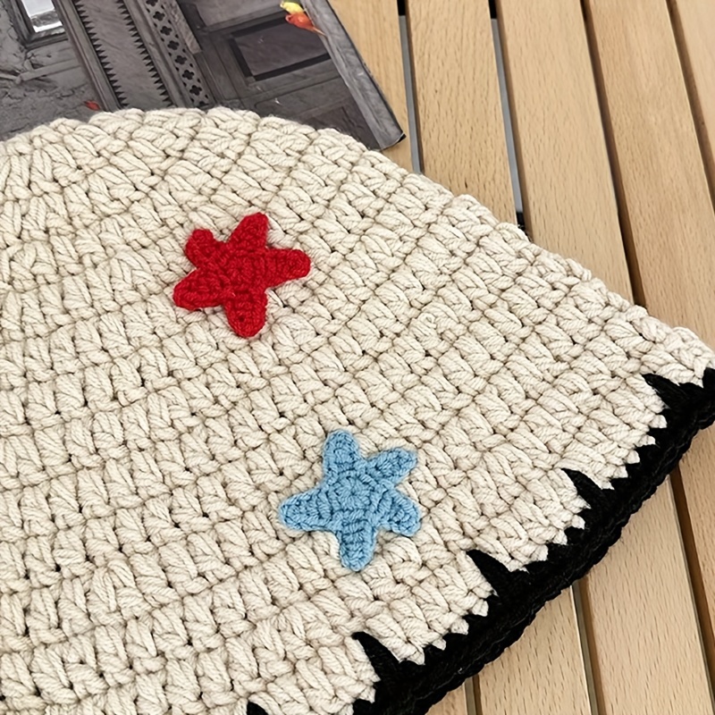 Women s Knitted Acrylic Fisherman Hat - Breathable Bucket Hat, Colorful Star Patch Warm Fall/Winter Basin Hat details 6