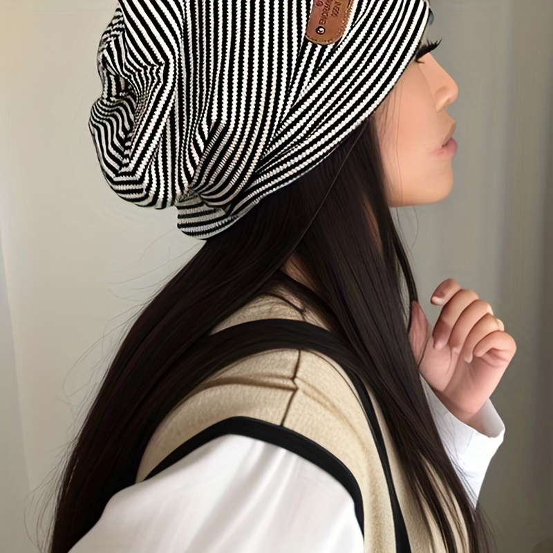 black white striped slouchy beanie lightweight elastic skull cap   patch warm beanies chemo cap for women autumn winter details 0