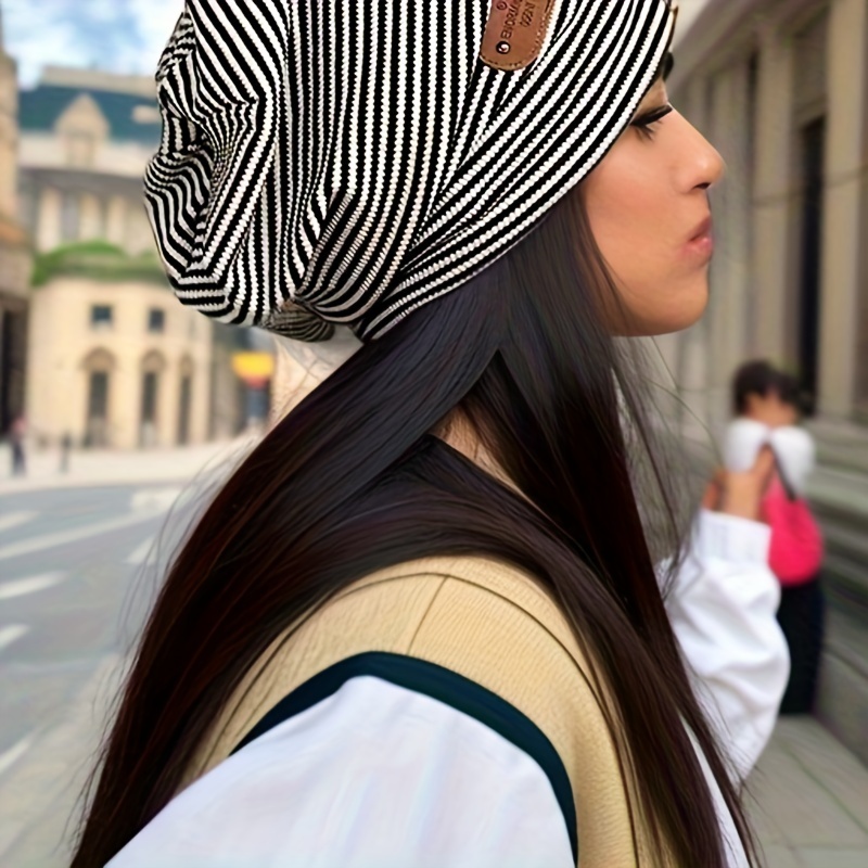 black white striped slouchy beanie lightweight elastic skull cap   patch warm beanies chemo cap for women autumn winter details 1