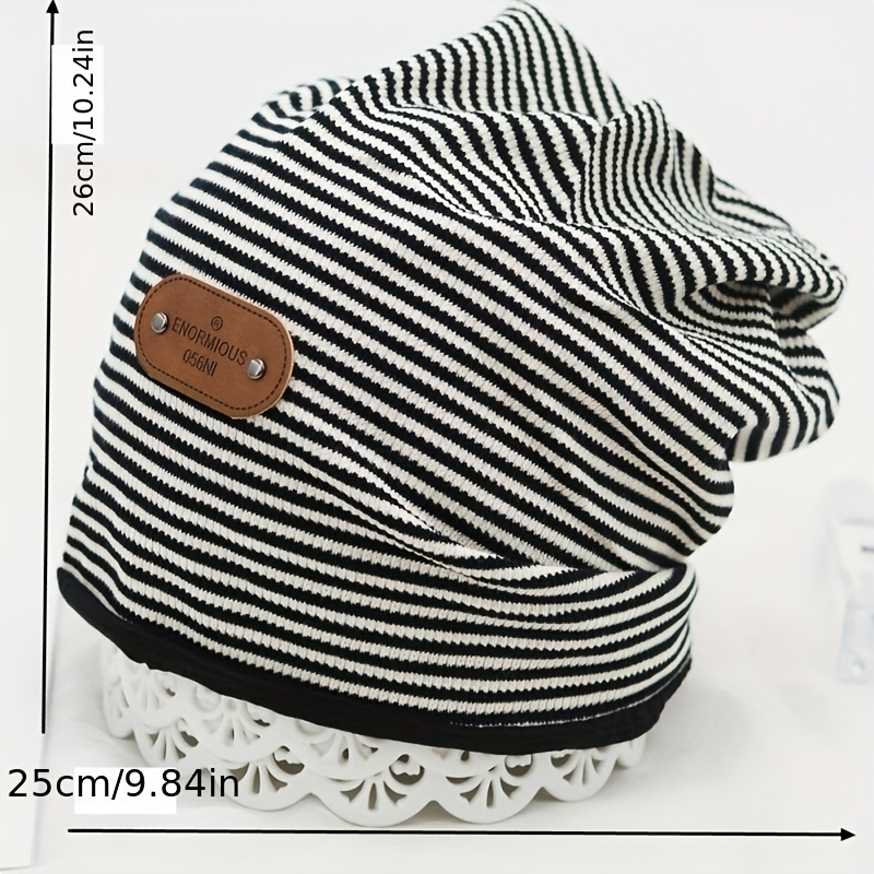 black white striped slouchy beanie lightweight elastic skull cap   patch warm beanies chemo cap for women autumn winter details 3