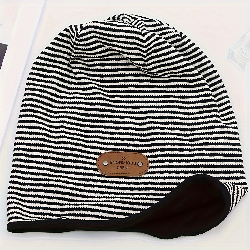 black white striped slouchy beanie lightweight elastic skull cap   patch warm beanies chemo cap for women autumn winter details 4