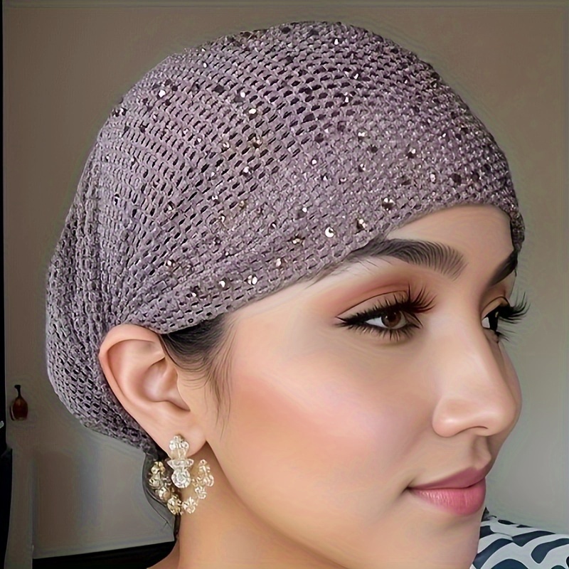 elegant solid color knitted polyester womens hair bonnet with drawstring stretchable soft breathable lightweight cap with rhinestone decoration urban easter theme no feathers non electric elastic hair bonnets for women details 4