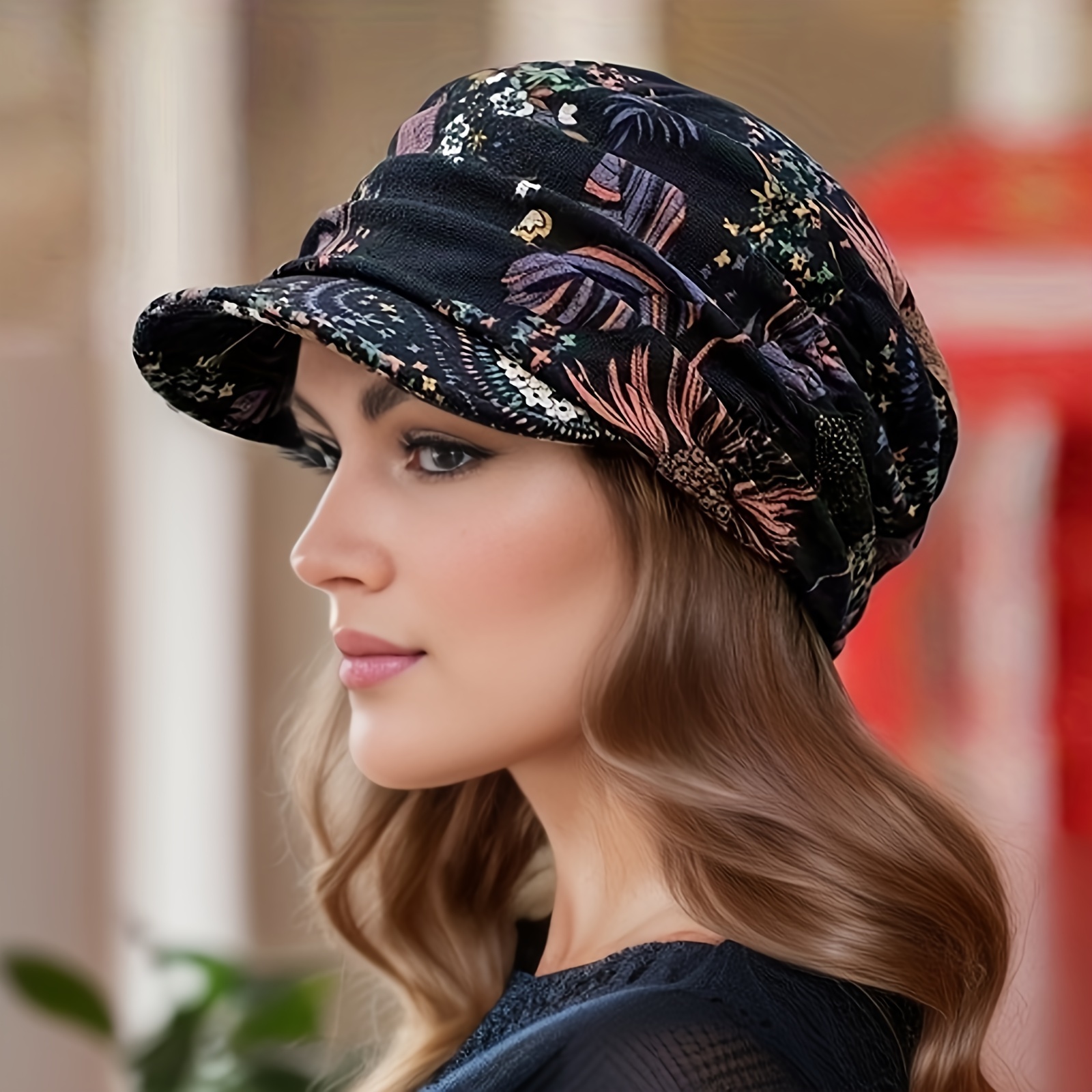 vintage flower print newsboy hat classic ruched sun hats lightweight peaked cap for women details 0