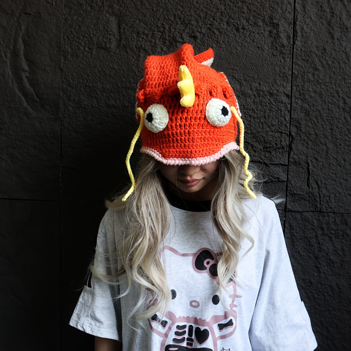 charming goldfish crochet beanie for women handmade knit hat with cute cartoon design warm cozy for fall winter non stretch acrylic yarn details 1