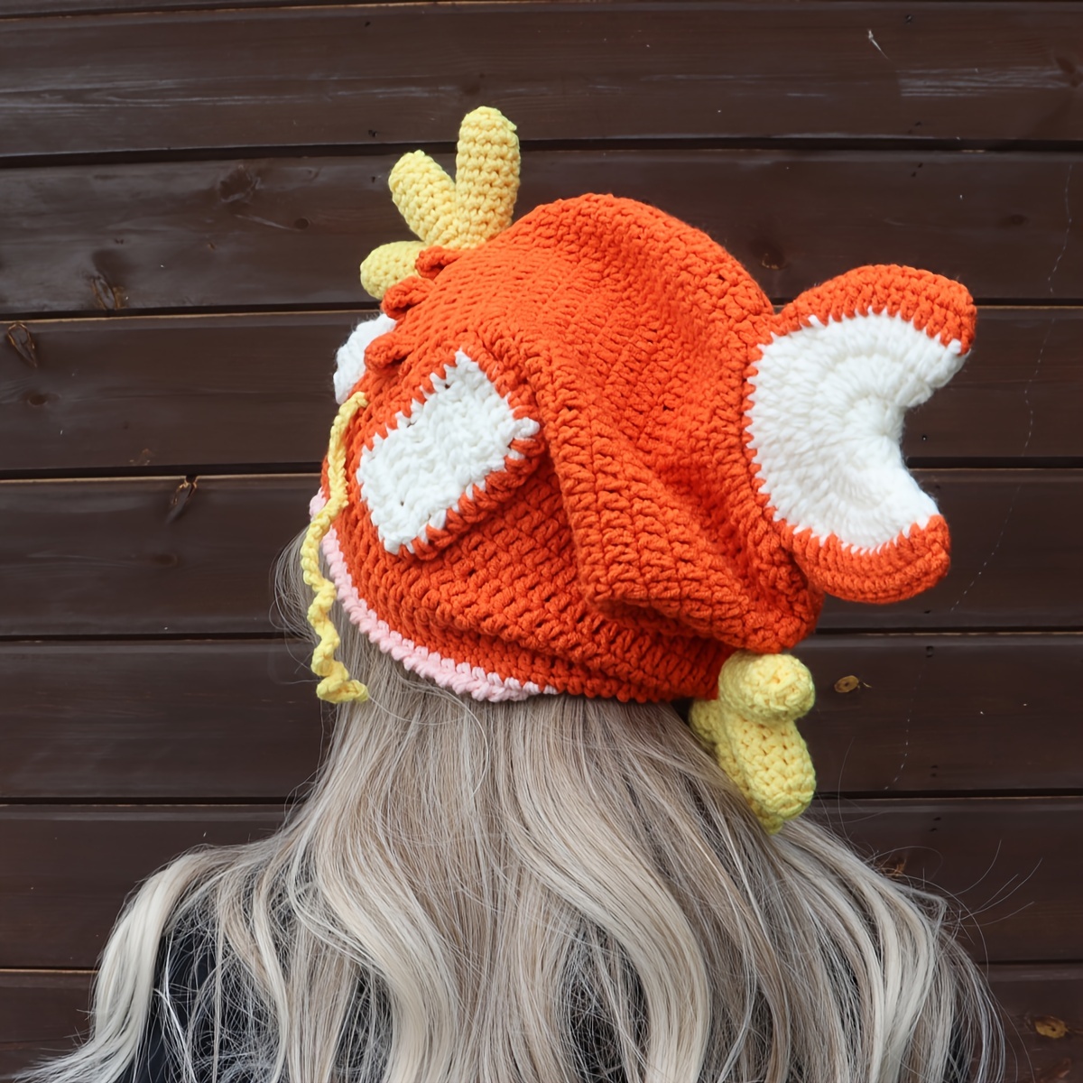 charming goldfish crochet beanie for women handmade knit hat with cute cartoon design warm cozy for fall winter non stretch acrylic yarn details 3