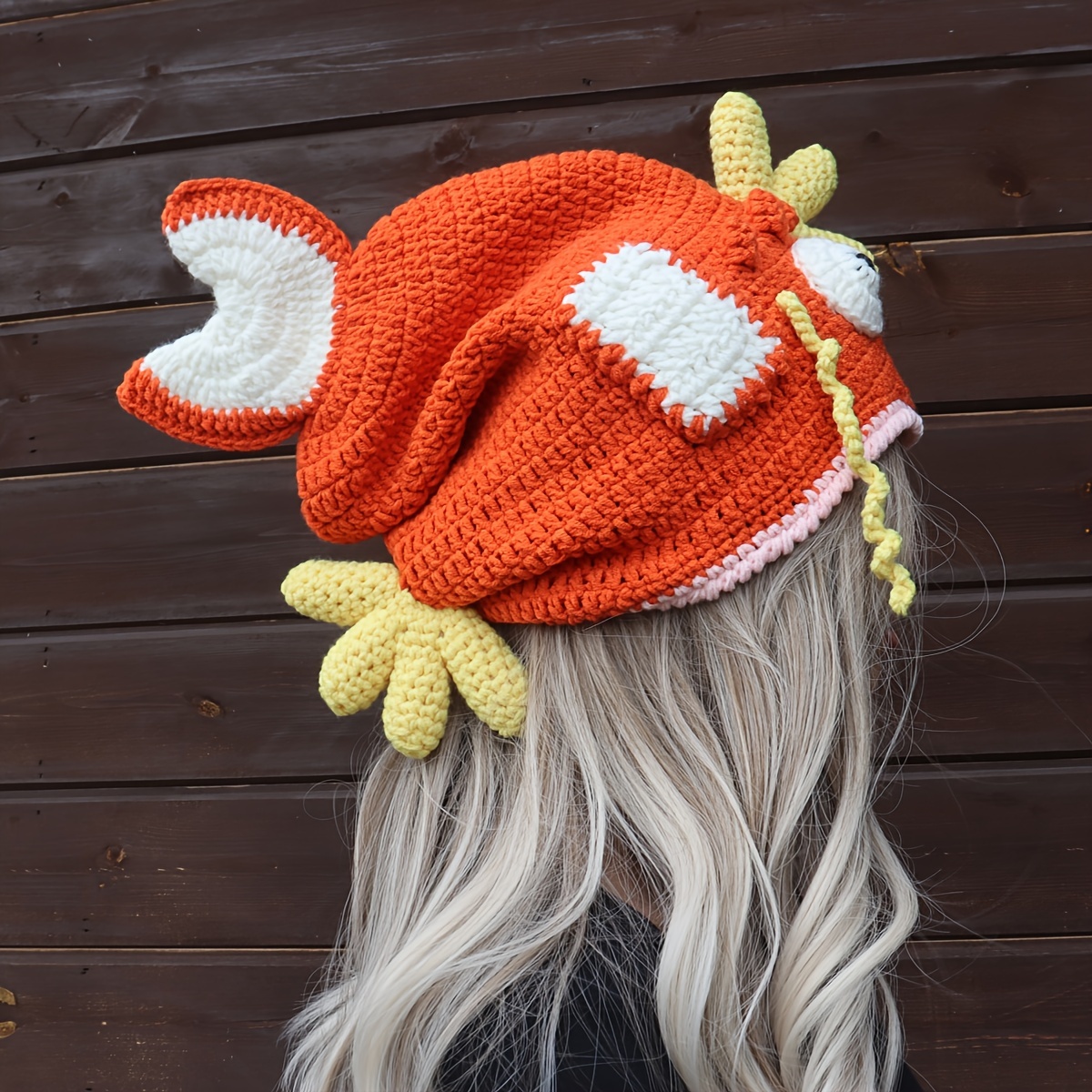 charming goldfish crochet beanie for women handmade knit hat with cute cartoon design warm cozy for fall winter non stretch acrylic yarn details 4