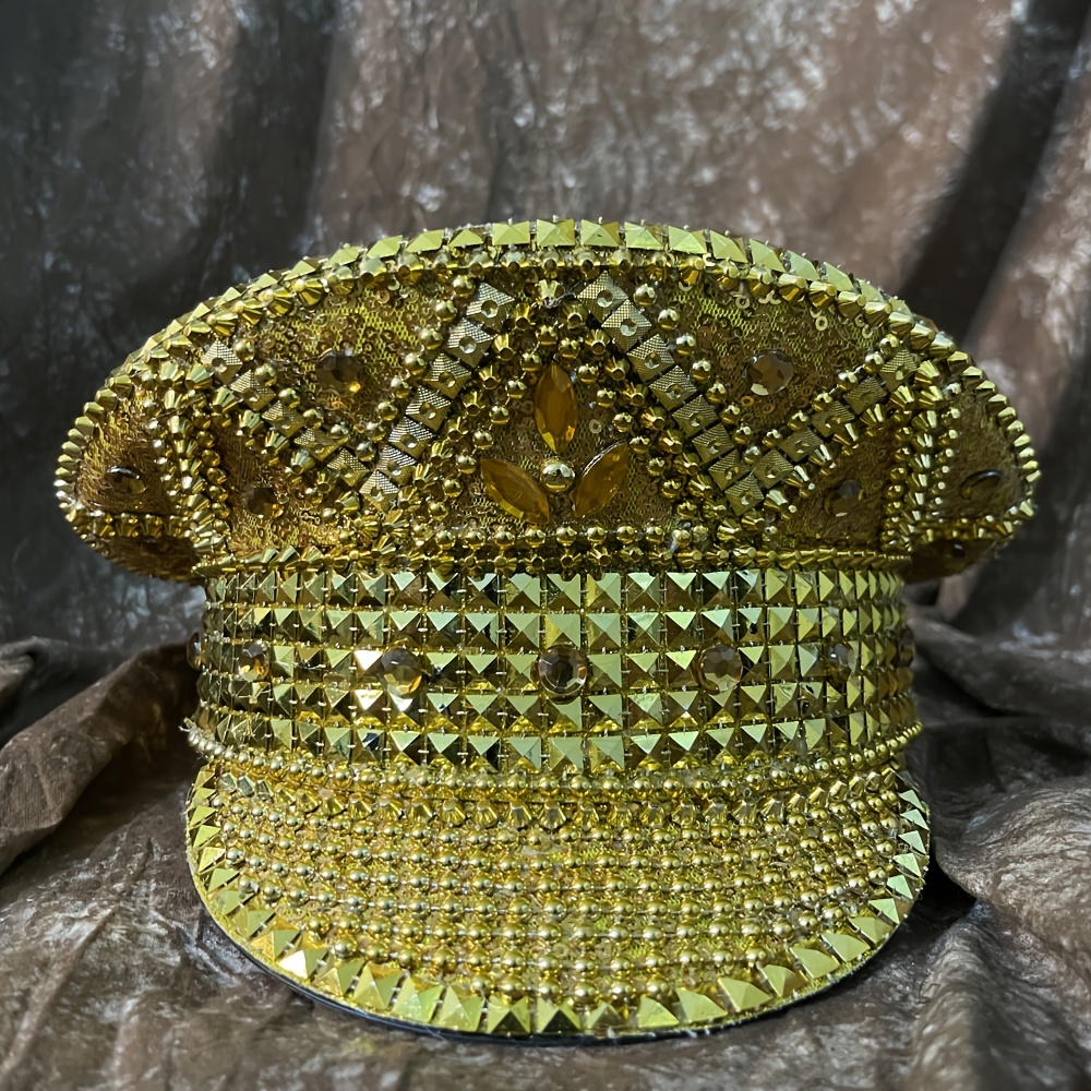 punk rivet studded hat party golden captain hat leopard rave hat nightclub dj hat disco navy yacht cap luxury rhinestone hat details 3