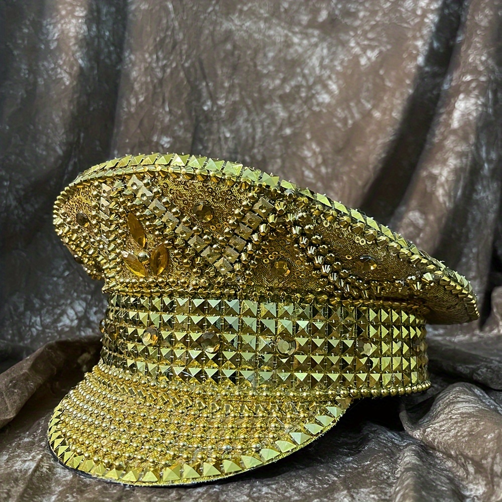 punk rivet studded hat party golden captain hat leopard rave hat nightclub dj hat disco navy yacht cap luxury rhinestone hat details 6