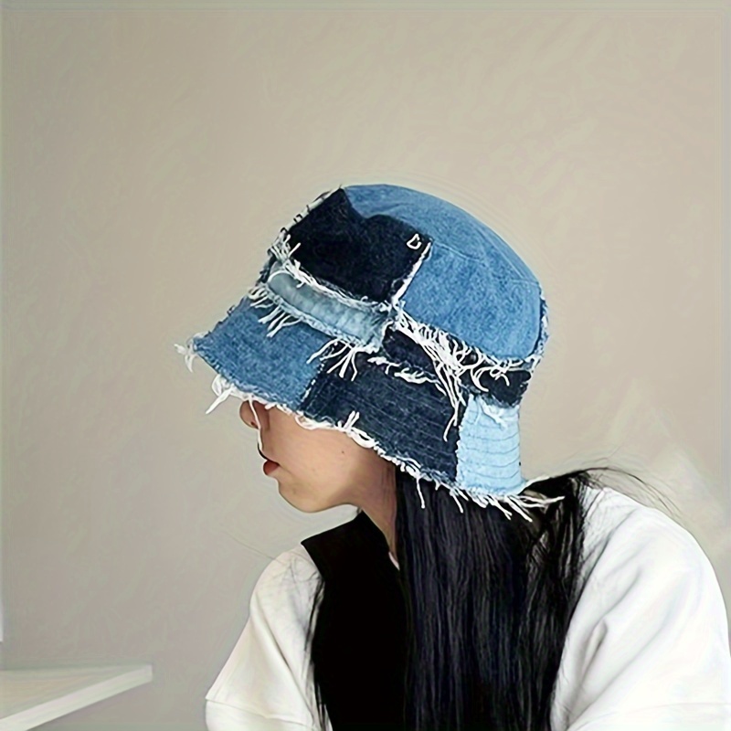 distressed denim bucket hat frayed edge jean fisherman cap sun protection travel hat for outdoor activities unisex style details 1