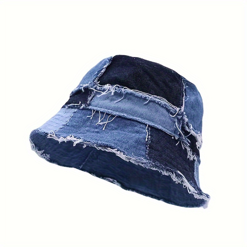 distressed denim bucket hat frayed edge jean fisherman cap sun protection travel hat for outdoor activities unisex style details 3