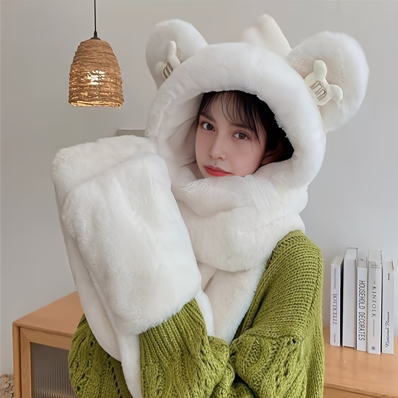 2021 trendy 3pcs winter set for women cute bear hooded scarf earmuff combo with warm gloves perfect for travel shopping dates gatherings details 0