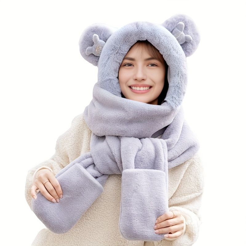 2021 trendy 3pcs winter set for women cute bear hooded scarf earmuff combo with warm gloves perfect for travel shopping dates gatherings details 1