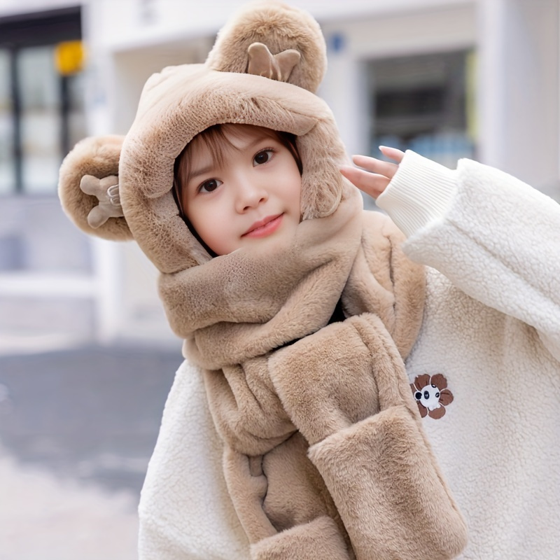 2021 trendy 3pcs winter set for women cute bear hooded scarf earmuff combo with warm gloves perfect for travel shopping dates gatherings details 4