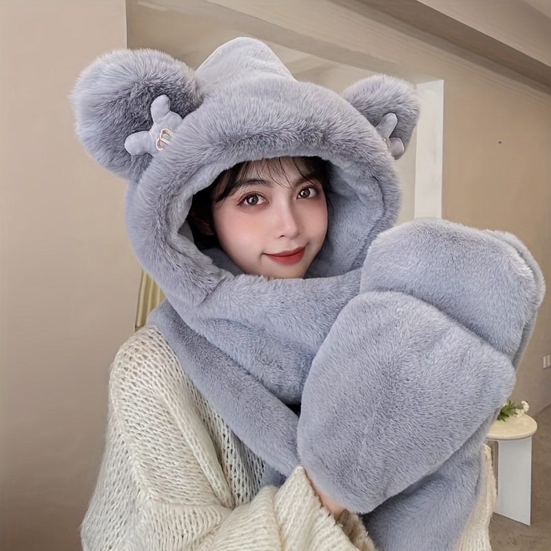 2021 trendy 3pcs winter set for women cute bear hooded scarf earmuff combo with warm gloves perfect for travel shopping dates gatherings details 5