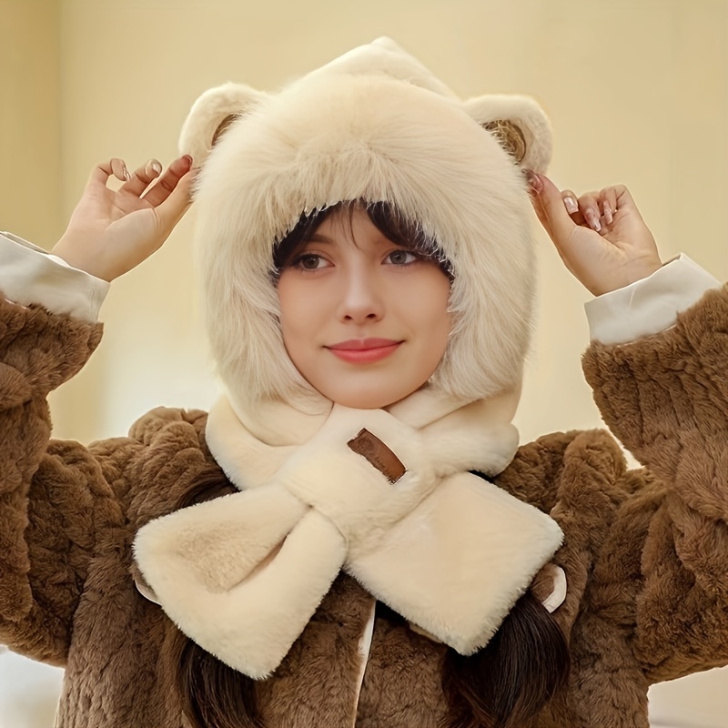 winter cute bear hat scarf set 100 polyester furry warm ear protecting hooded cap with integrated scarf inelastic knitted craftsmanship featherless thick plush animal hat for outdoor travel and dating details 0