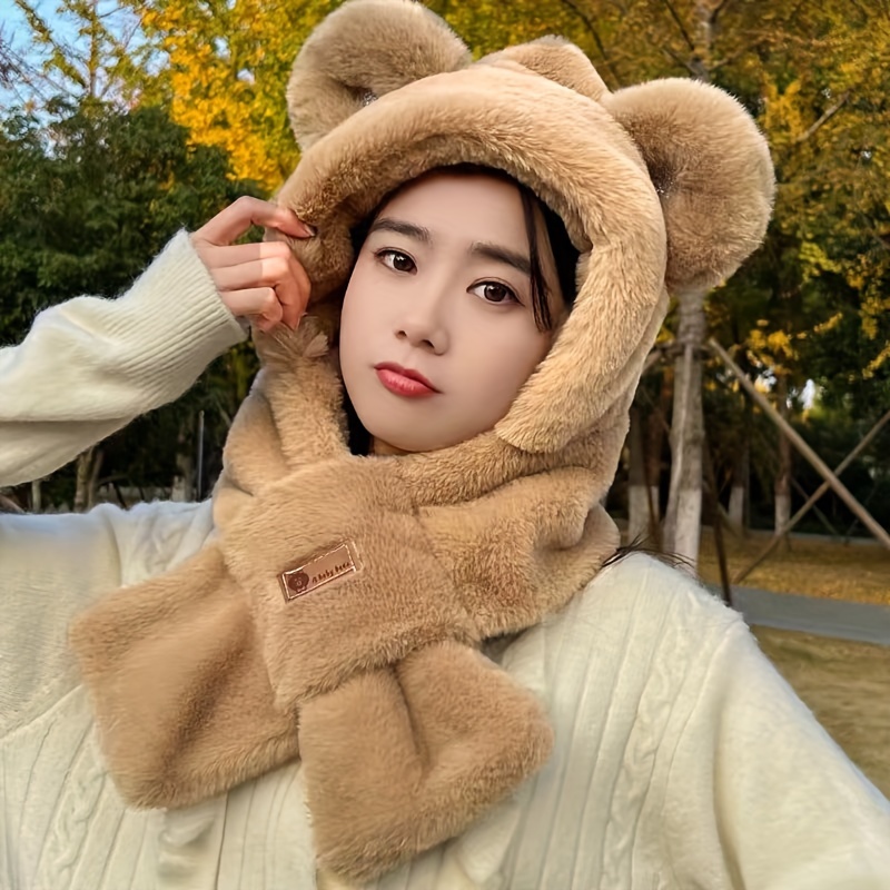 winter cute bear hat scarf set 100 polyester furry warm ear protecting hooded cap with integrated scarf inelastic knitted craftsmanship featherless thick plush animal hat for outdoor travel and dating details 1