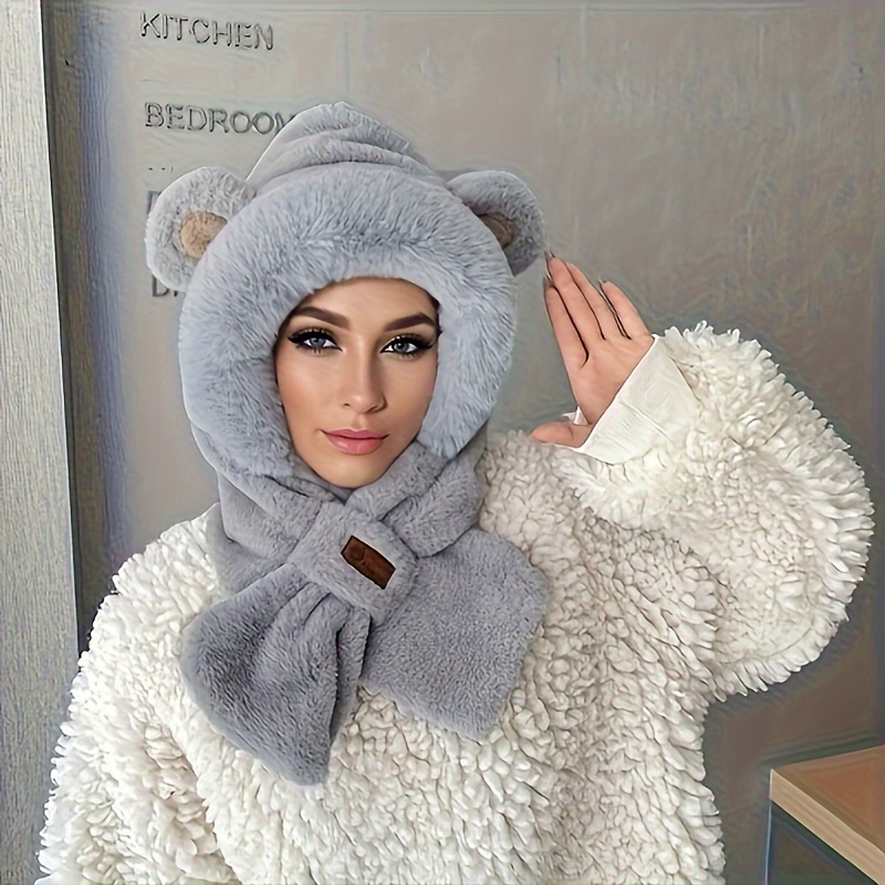 winter cute bear hat scarf set 100 polyester furry warm ear protecting hooded cap with integrated scarf inelastic knitted craftsmanship featherless thick plush animal hat for outdoor travel and dating details 3