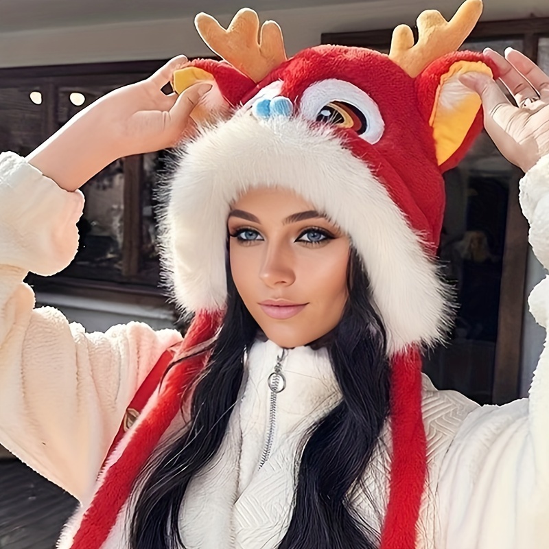 winter cute bear hat scarf set 100 polyester furry warm ear protecting hooded cap with integrated scarf inelastic knitted craftsmanship featherless thick plush animal hat for outdoor travel and dating details 5