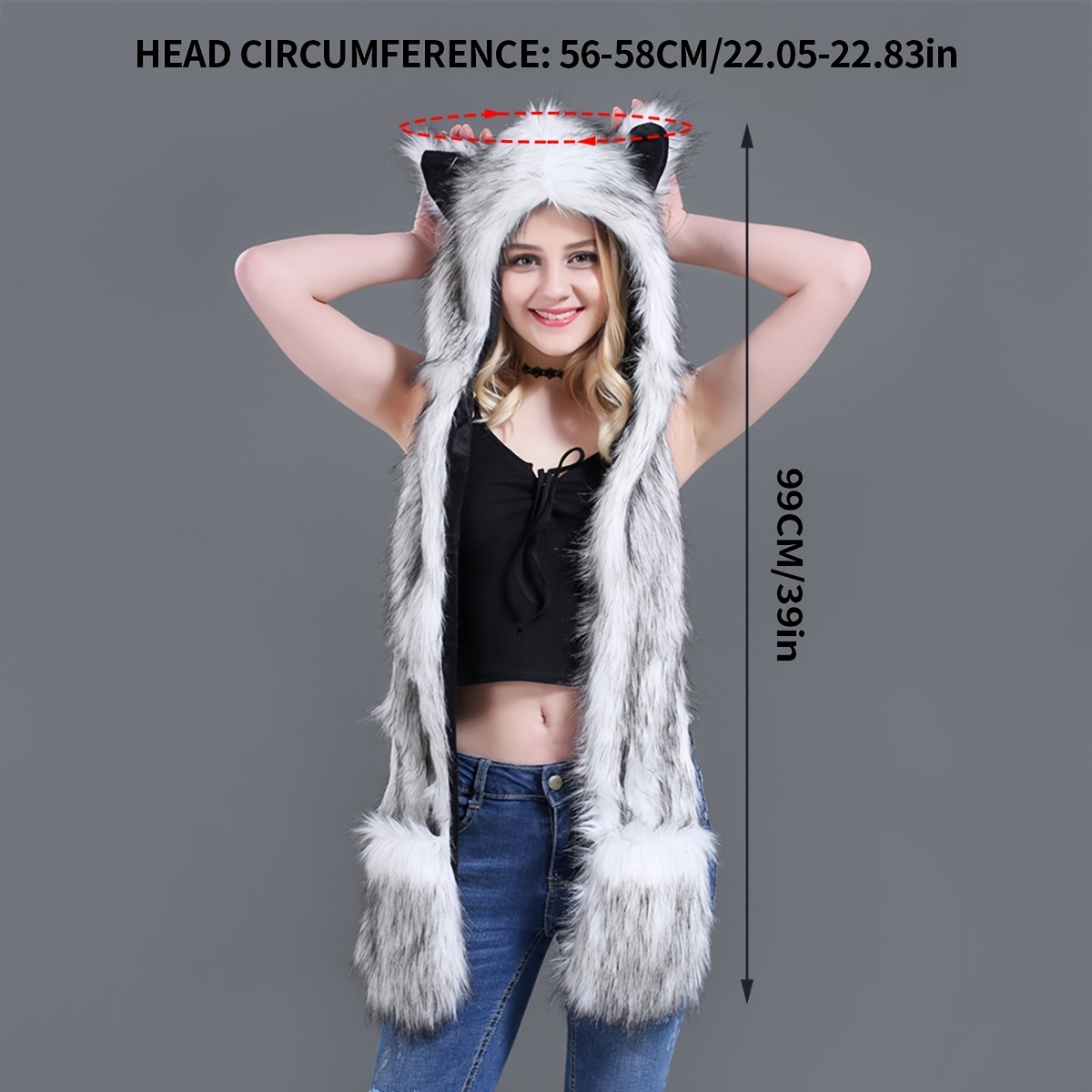 women anime spirit animal hood hoods furry hoodie faux fur hat with warm scarf mittens gloves spirit ears and paws valentines gifts for her details 0