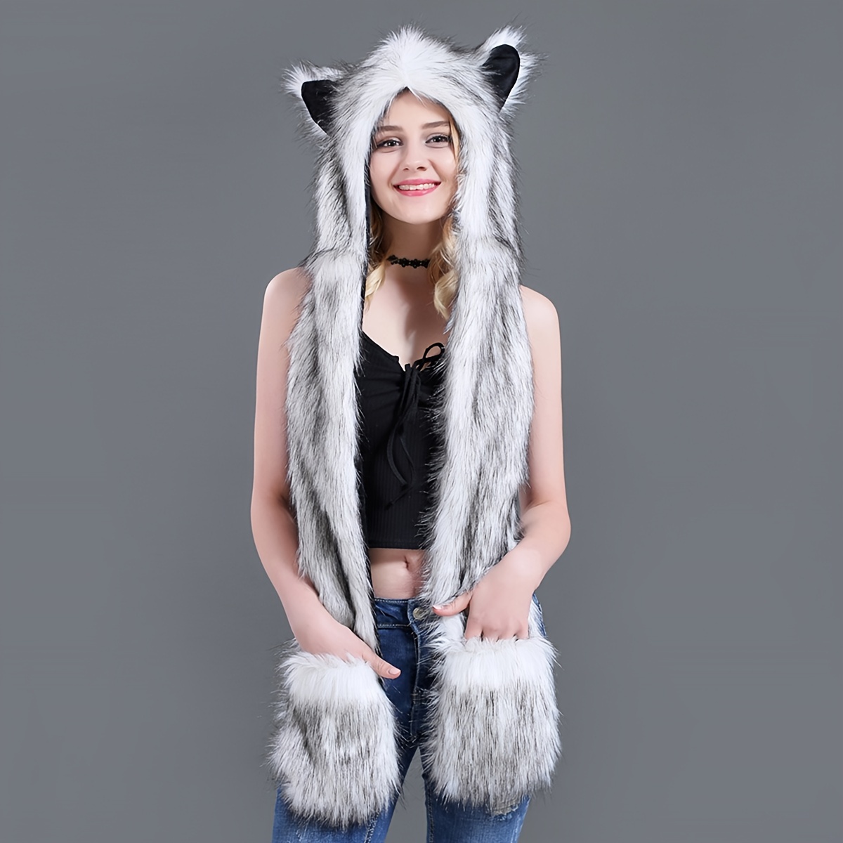 women anime spirit animal hood hoods furry hoodie faux fur hat with warm scarf mittens gloves spirit ears and paws valentines gifts for her details 1