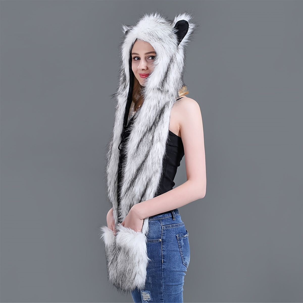 women anime spirit animal hood hoods furry hoodie faux fur hat with warm scarf mittens gloves spirit ears and paws valentines gifts for her details 2