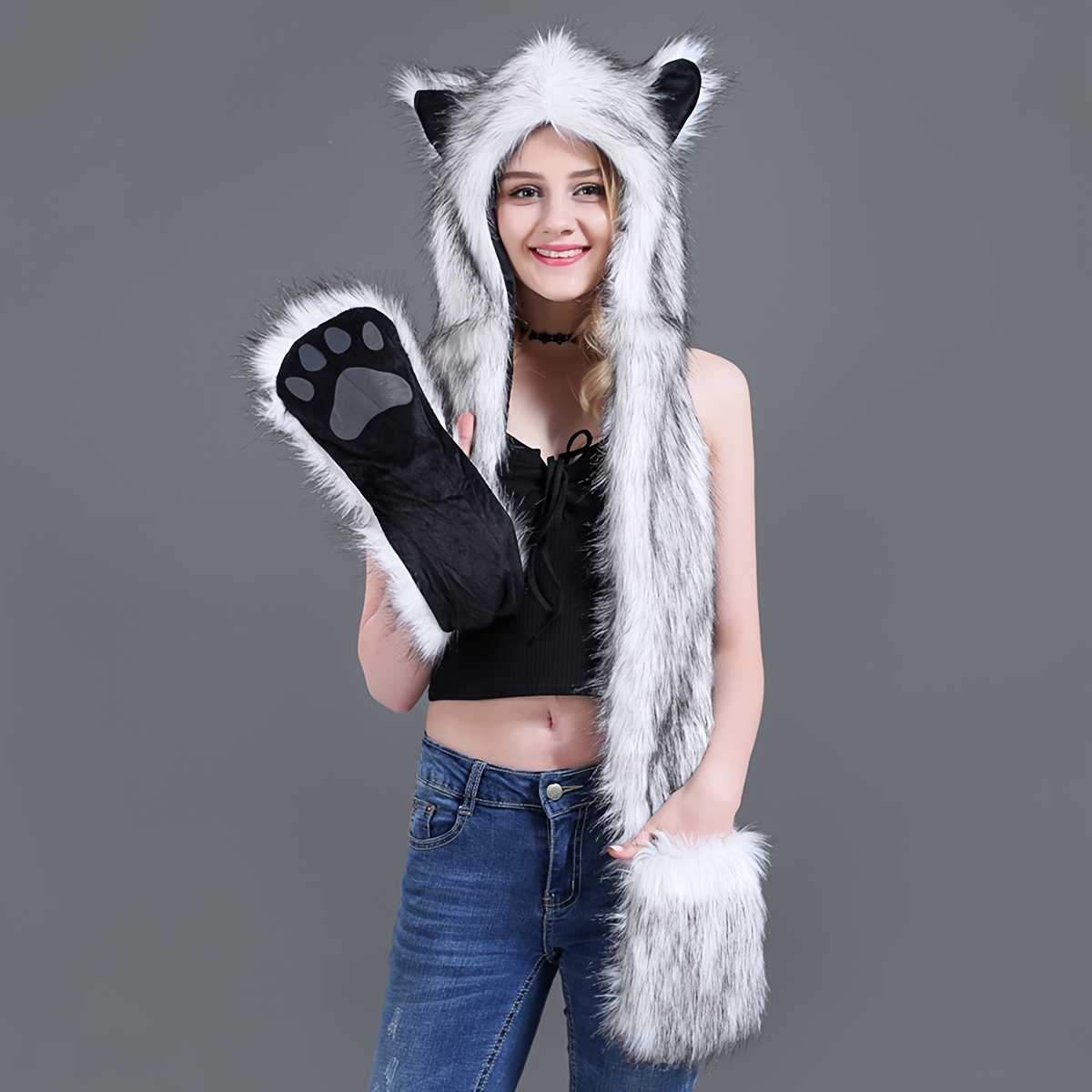 women anime spirit animal hood hoods furry hoodie faux fur hat with warm scarf mittens gloves spirit ears and paws valentines gifts for her details 3